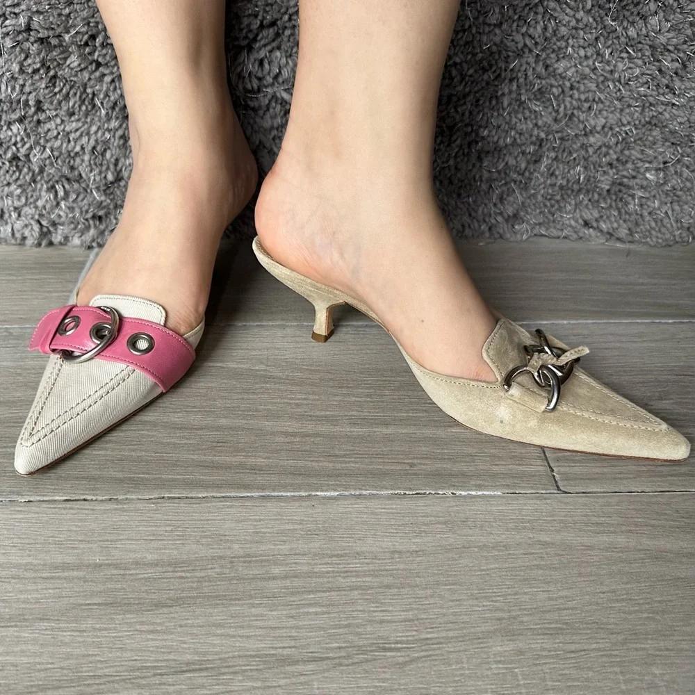 Prada Kitten Heel Mules Colorblock Suede Leather - Picture 5 of 5